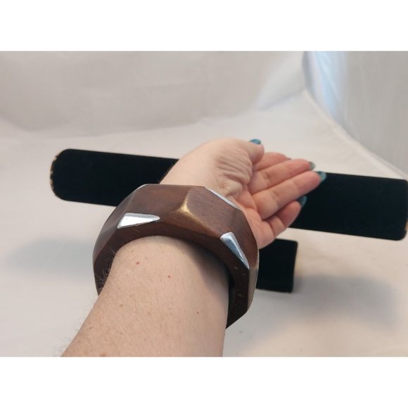 Vtg  Statement Artisan Studio Modernist Wood Metal Bangle bracelet chunky 1.5" - Picture 8 of 8